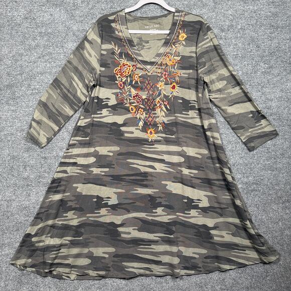 Karyn Seo Dresses & Skirts - Karyn Seo Womens Sz Medium Embroidered Camo Dress Olive Green V Neck 3/4 Sleeves